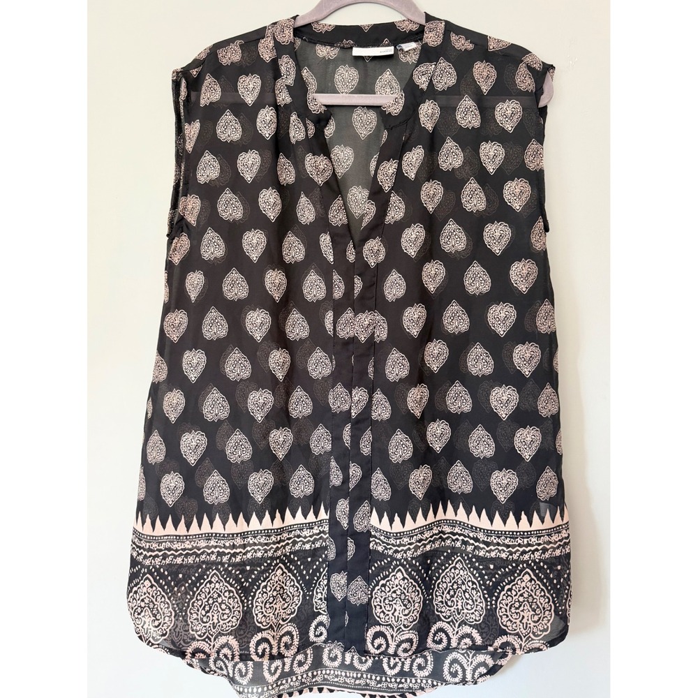 14th & Union Black Beige Paisley Print Boho Chiffon Sleeveless Blouse Medium